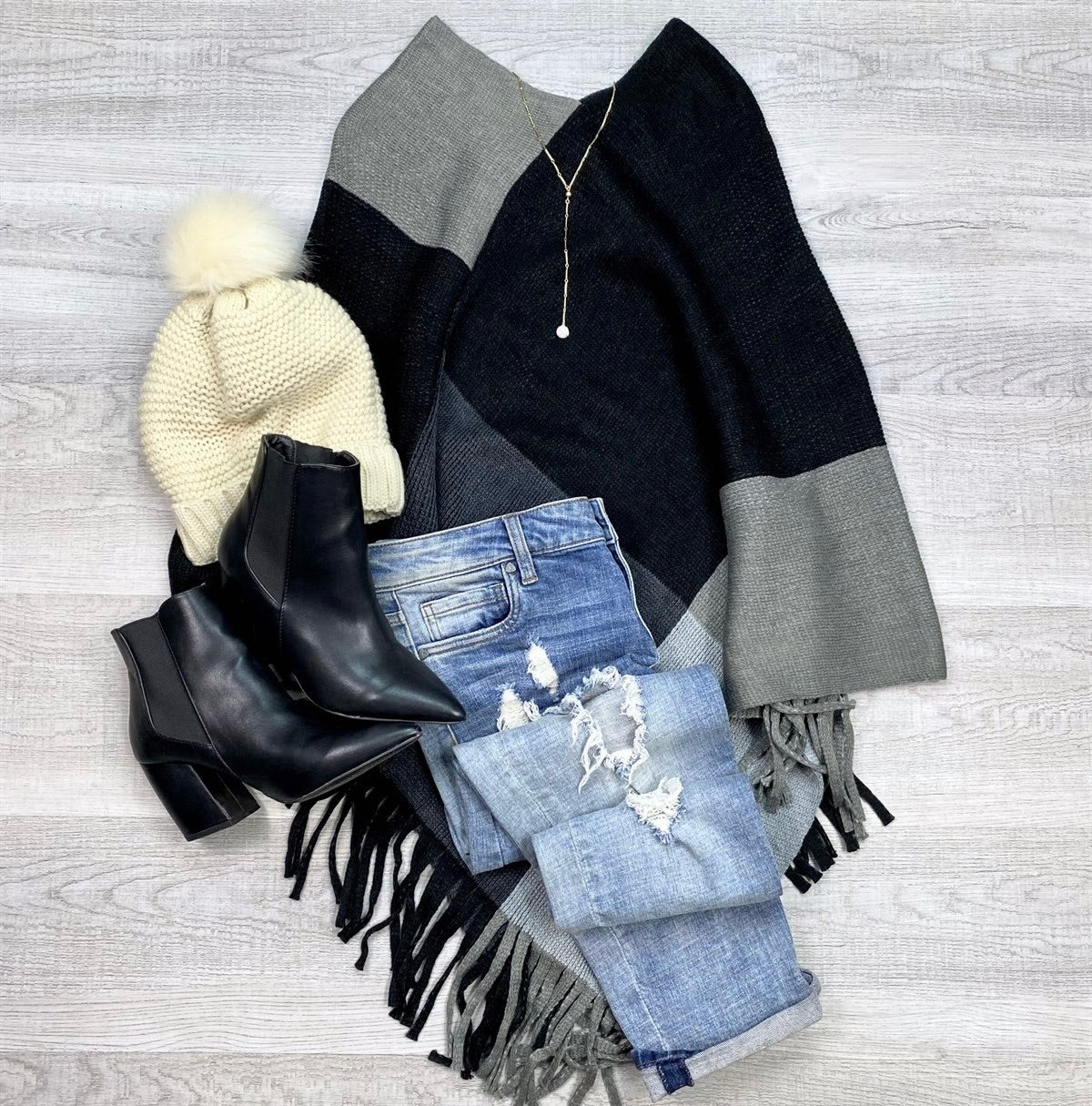 Color Block Tasseled Poncho