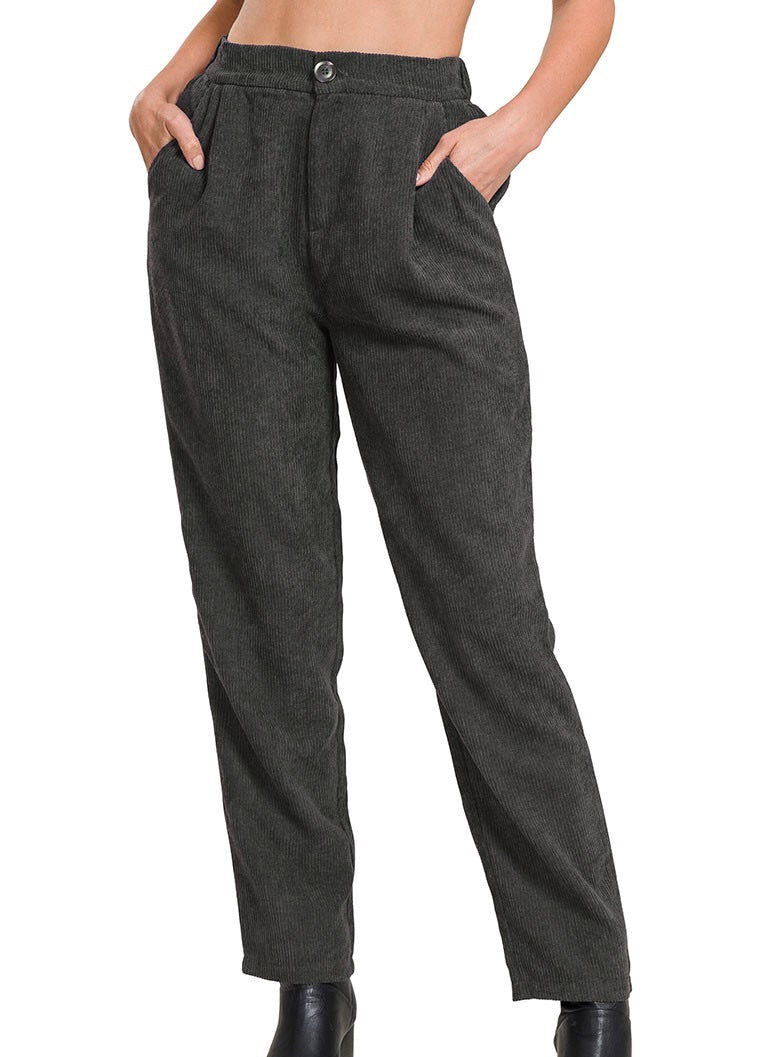 Stretch Waist Corduroy Pants - Charcoal