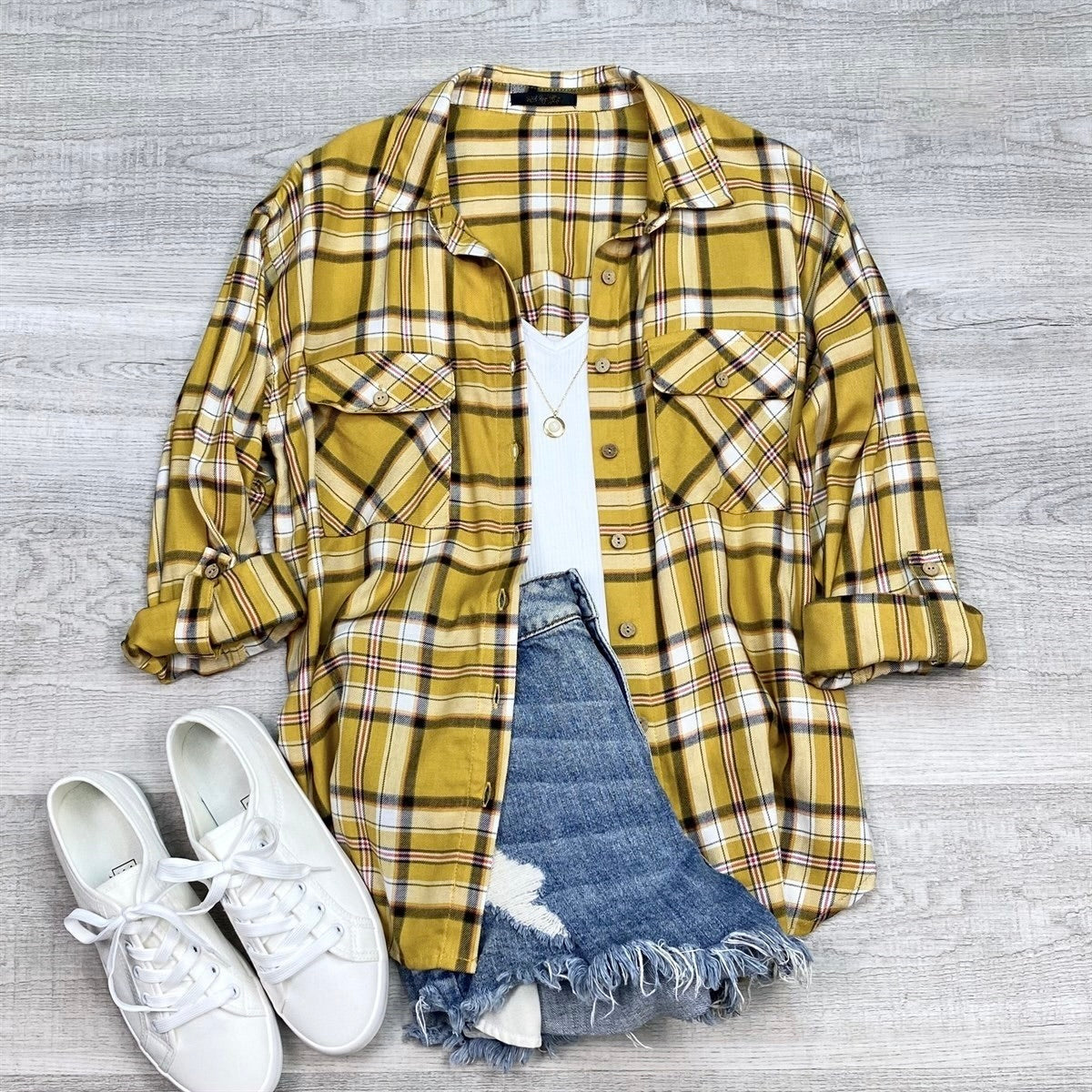 Everyday Casual Long Sleeve Plaid Button Up Shirt | Mustard