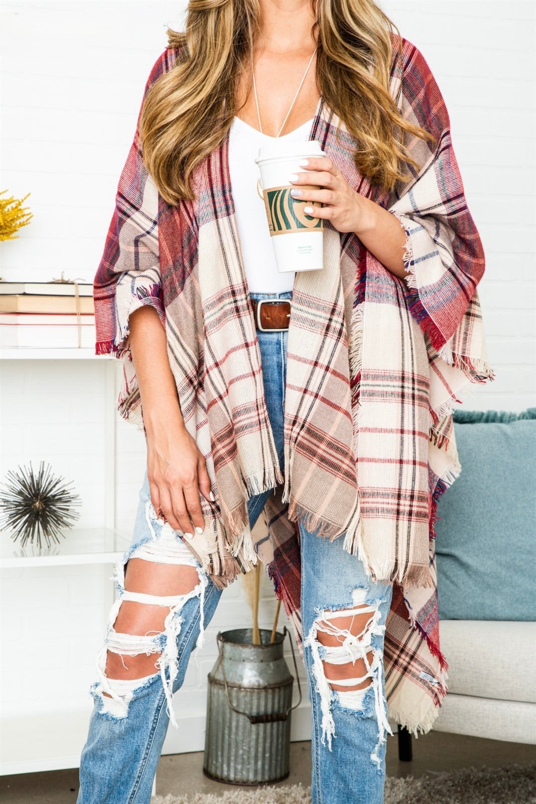 Alicia Lightweight Plaid Ruana- Green Plaid