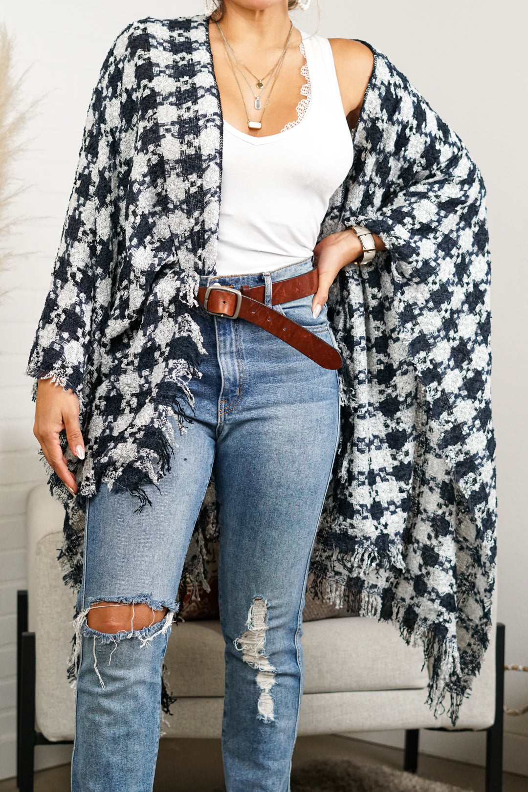 Alina Checkered Comfy Ruana | Navy