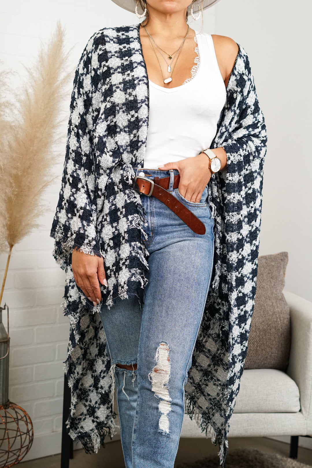 Alina Checkered Comfy Ruana | Navy