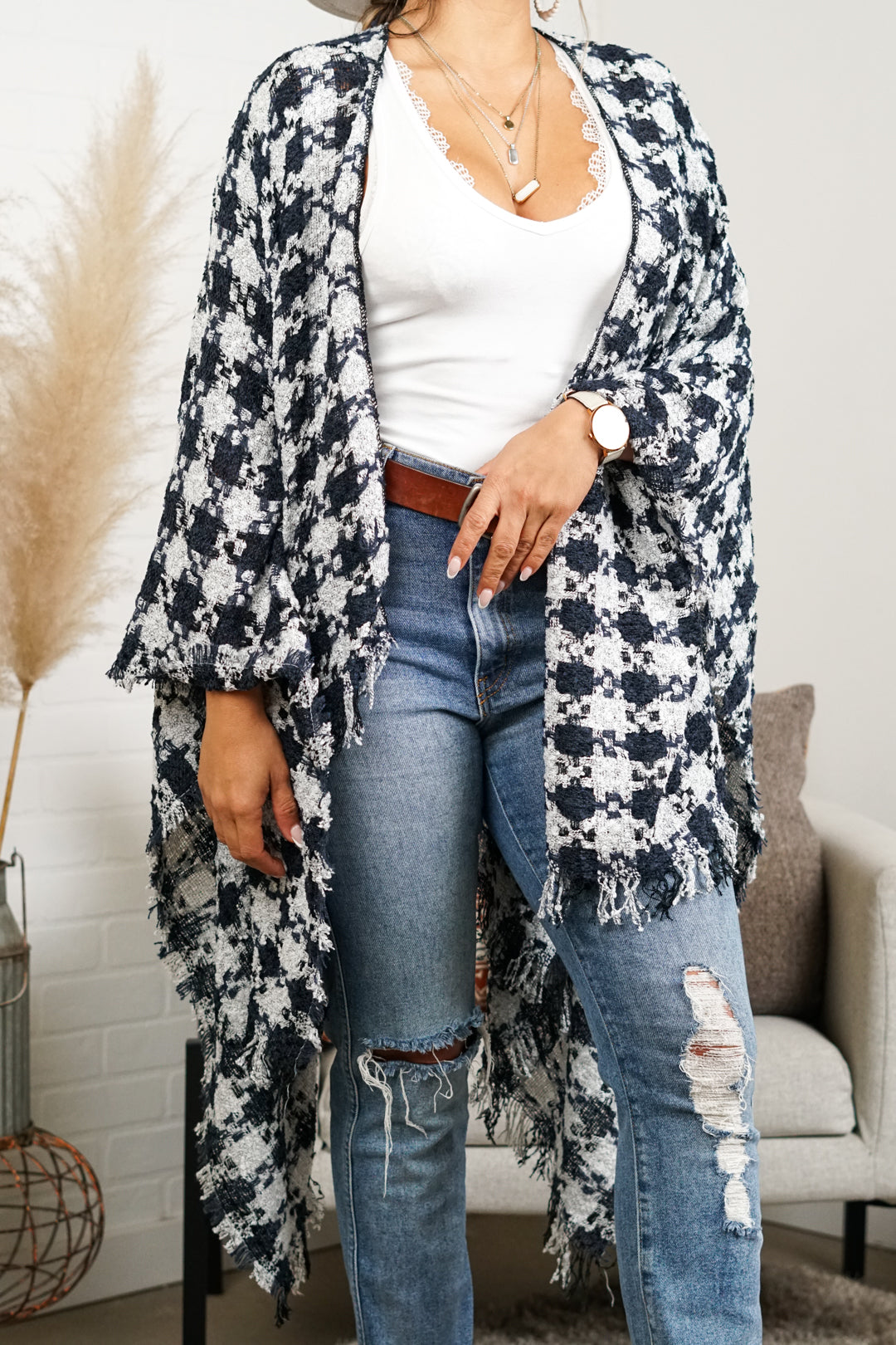 Alina Checkered Comfy Ruana | Navy