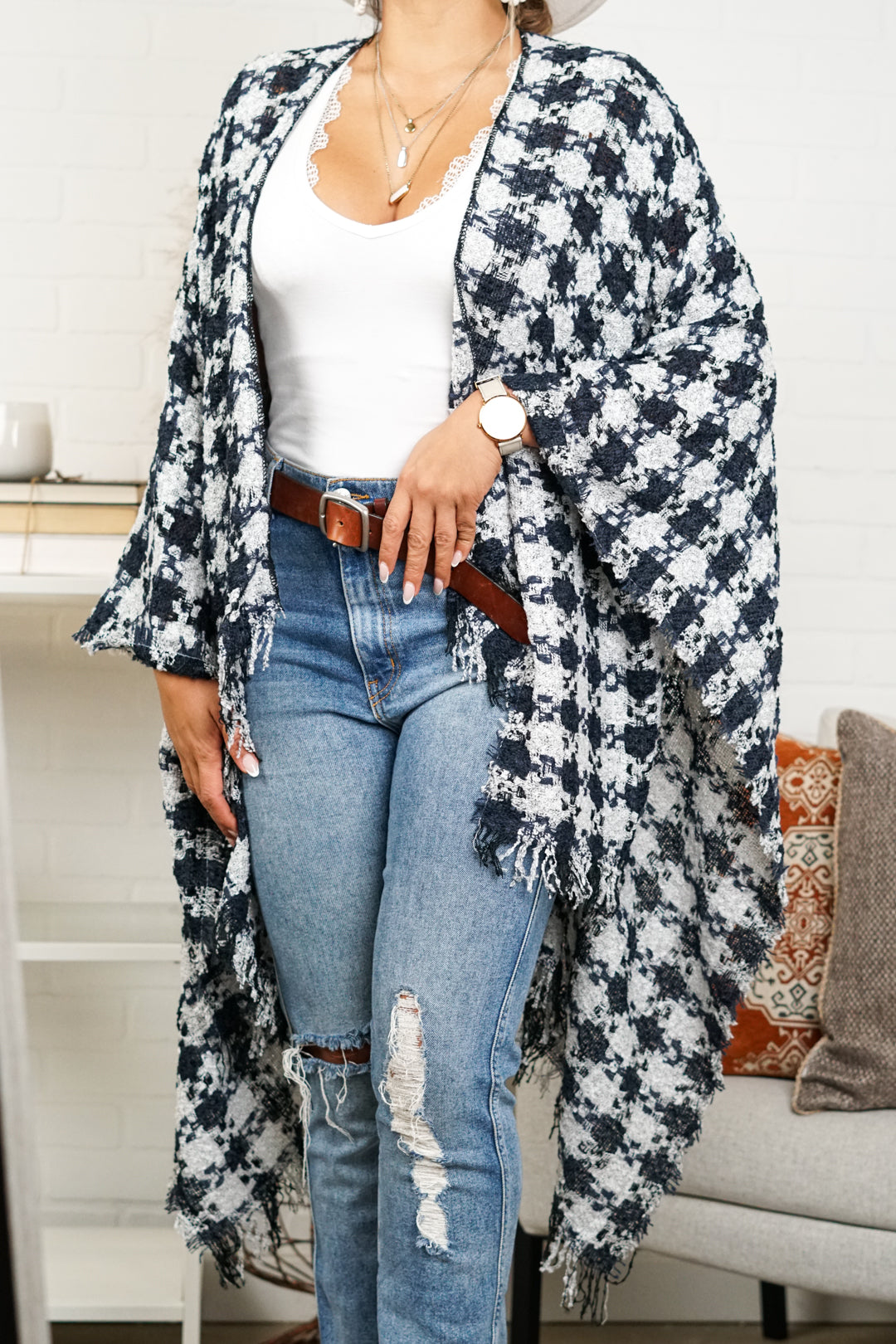 Alina Checkered Comfy Ruana | Navy