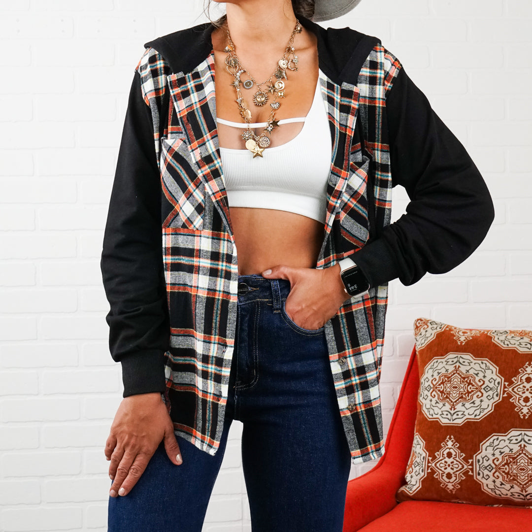Brooke Oversized Hooded Flannel – Two-Tone Sleeves, Fall Essential