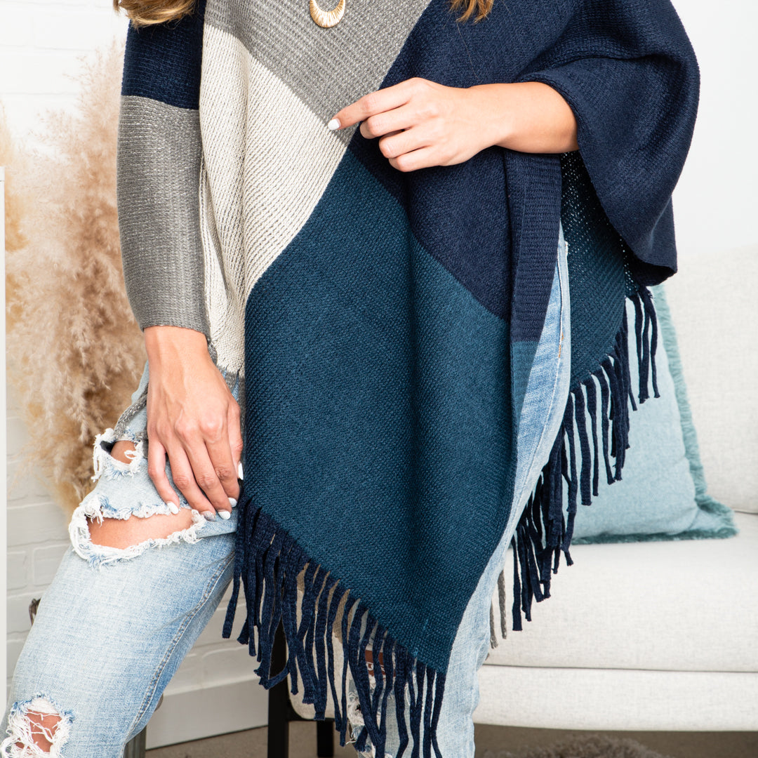 Color Block Tasseled Poncho