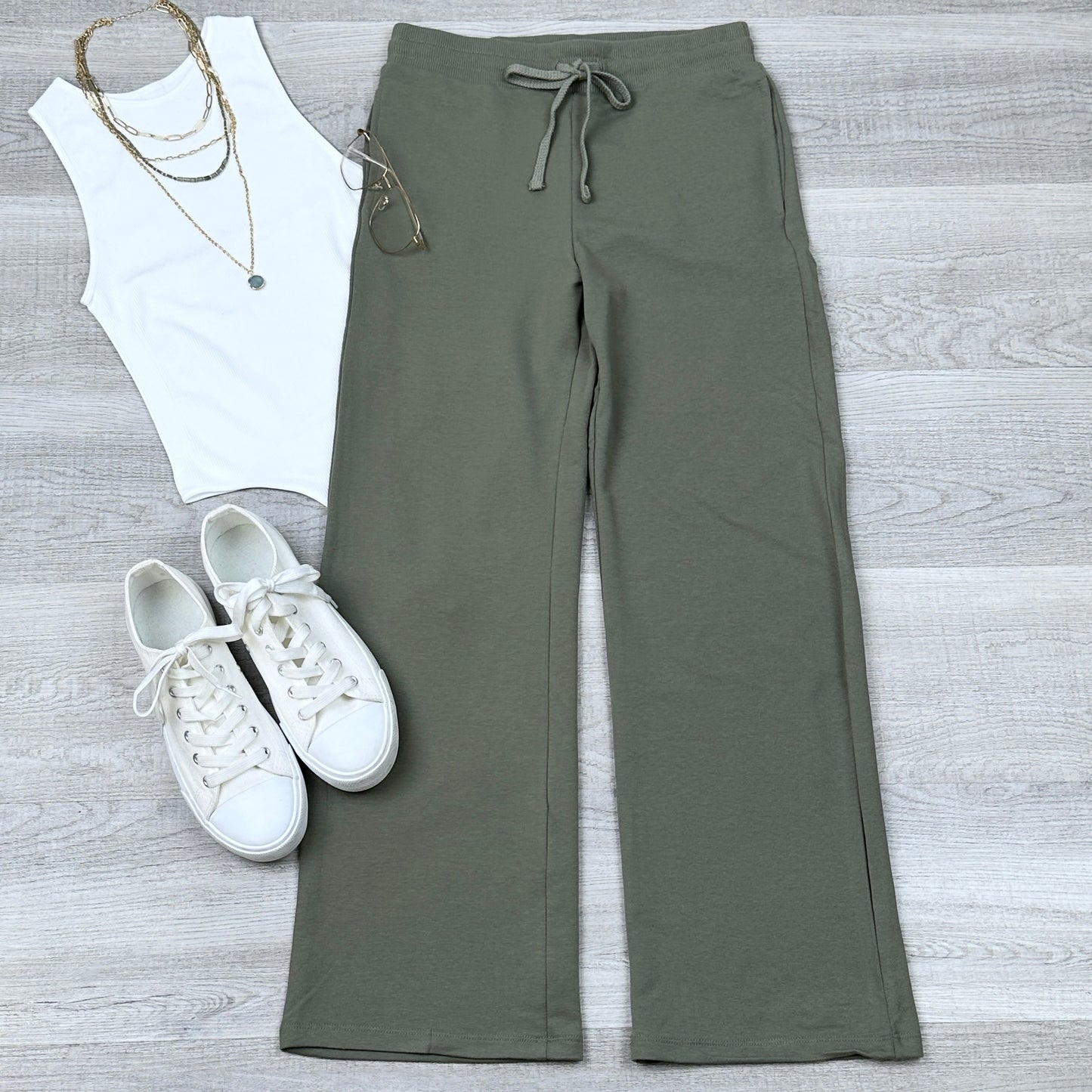 Straight Wide Leg Sweat Pants | Olive