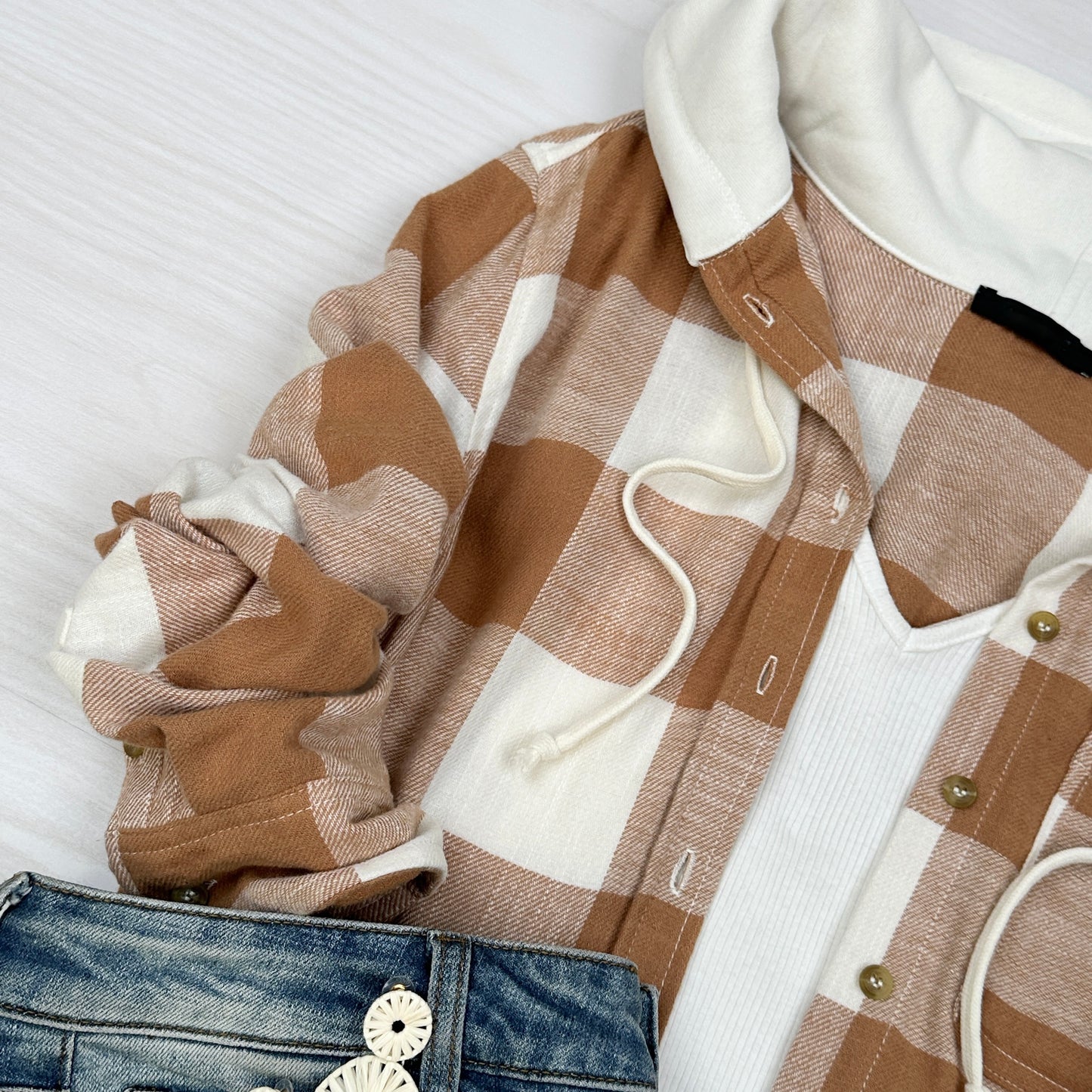 Plaid Hooded Long Sleeve Button Up Flannel | Camel