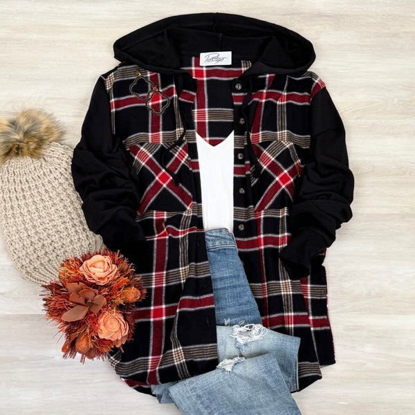Brooke Oversized Hooded Flannel – Two-Tone Sleeves, Fall Essential