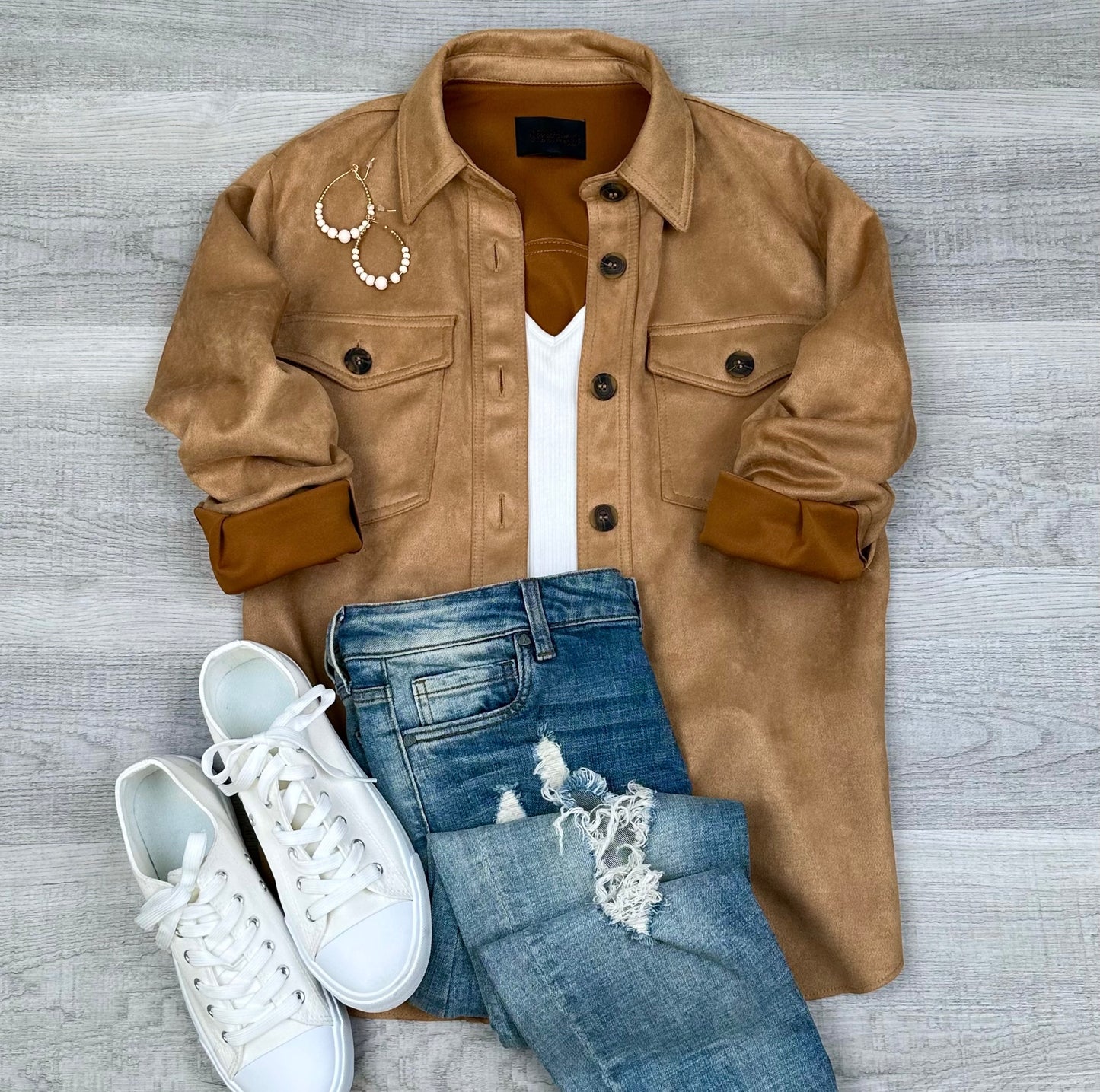 Suede Button Up Shacket | Camel