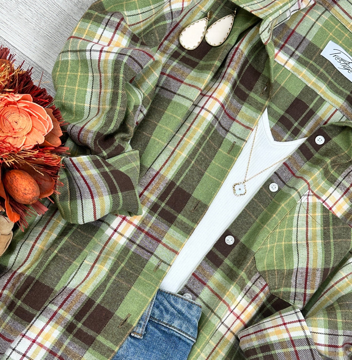 Oversized Long Sleeve Button up Plaid Fall Flannel | Pumpkin