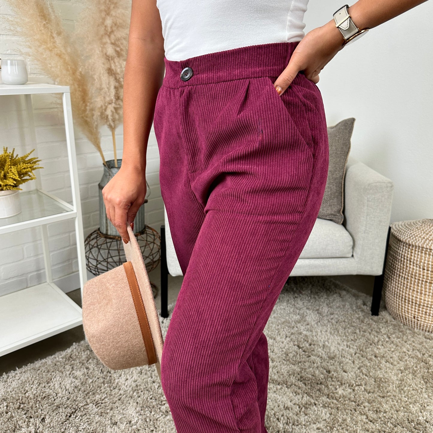 Stretch Waist Corduroy Pants | Burgundy