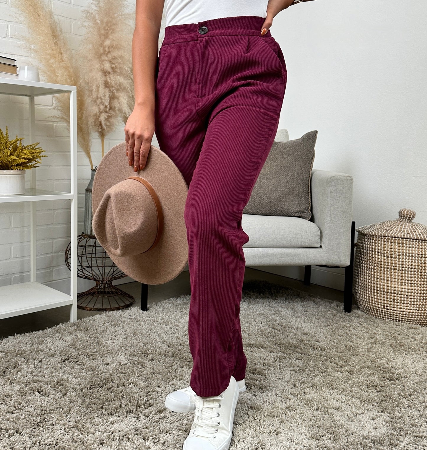 Stretch Waist Corduroy Pants | Burgundy