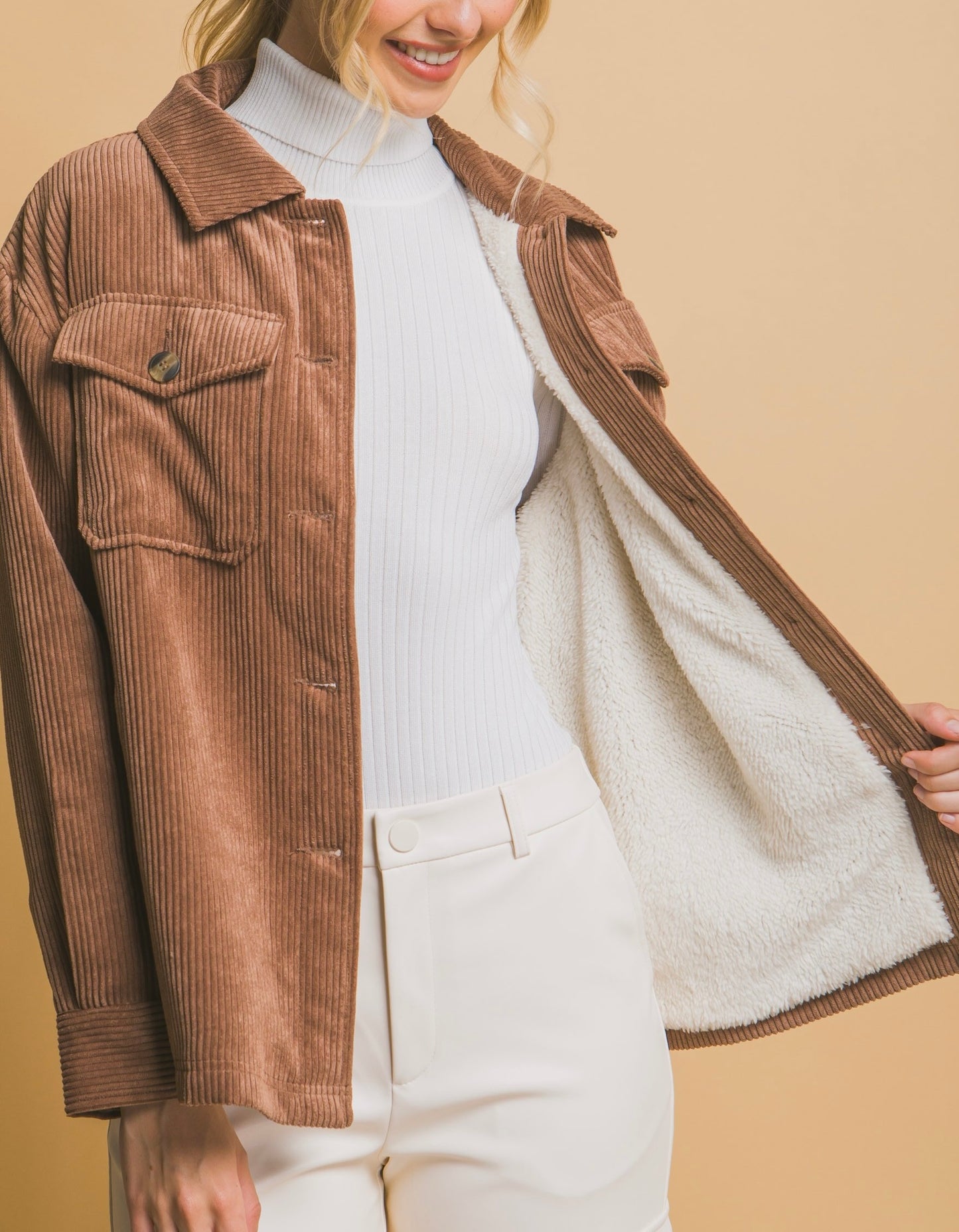Corduroy Button Up Jacket With Sherpa