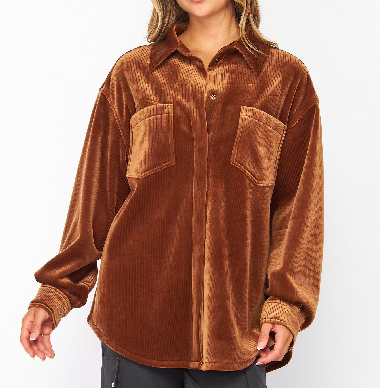 Ribbed Oversized Velour Shirt Jacket