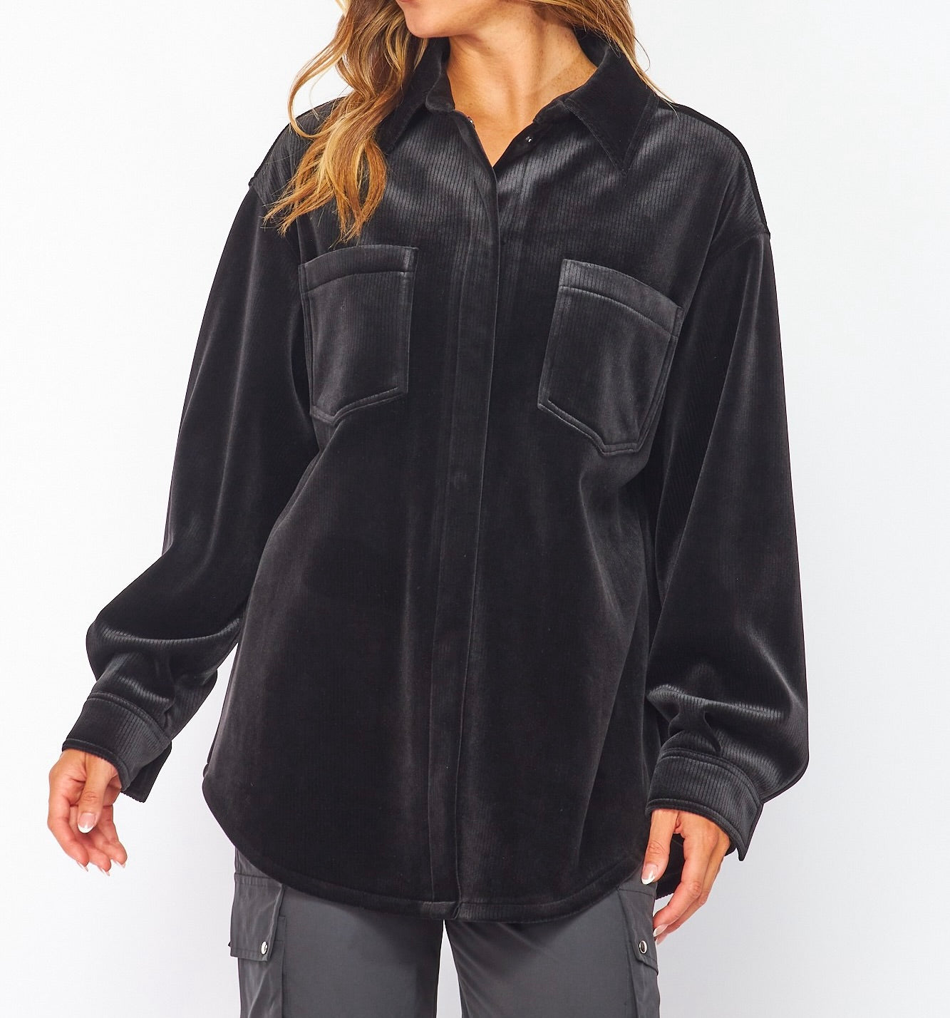Ribbed Oversized Velour Shirt Jacket