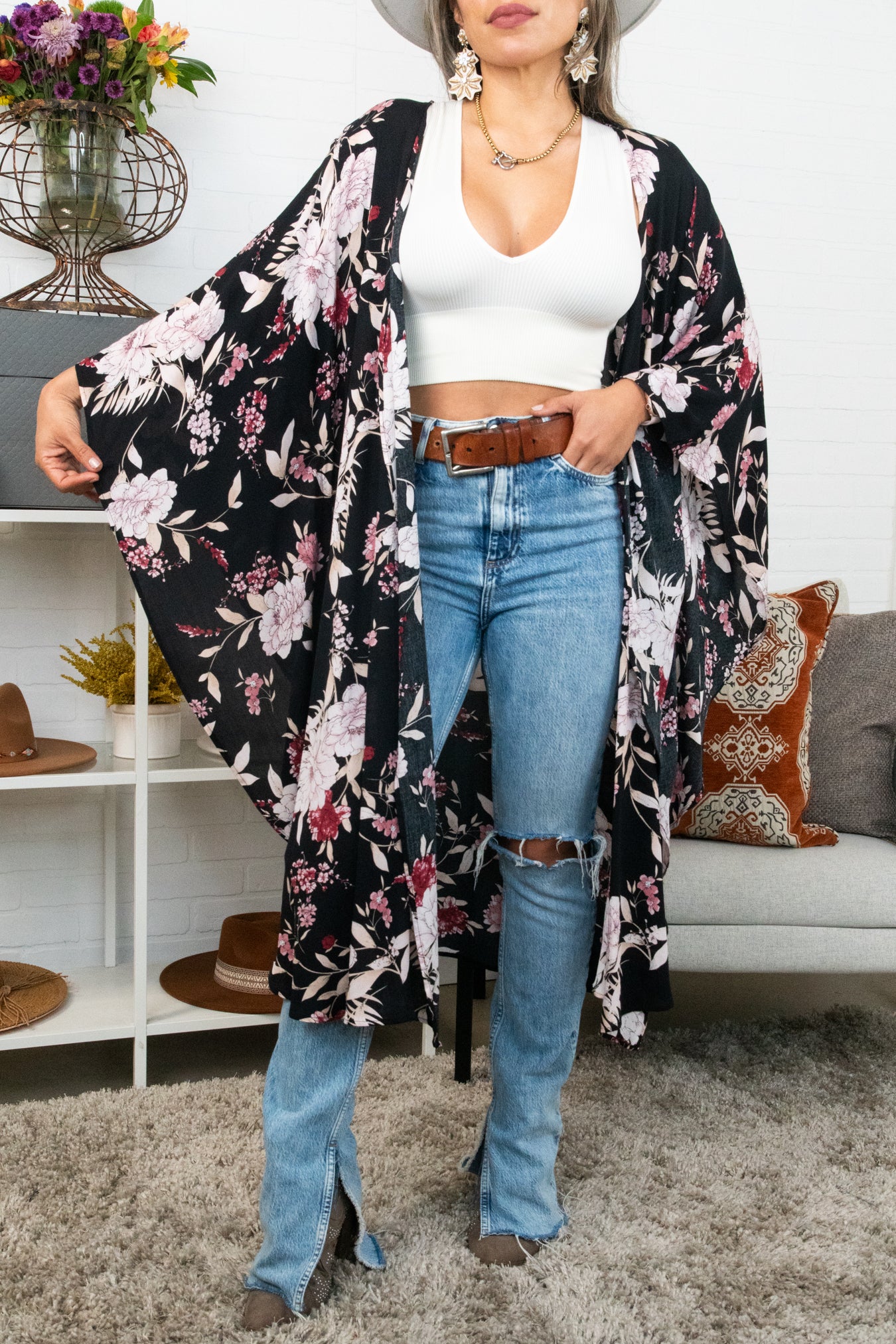 Floral Butterfly Sleeve Kimono