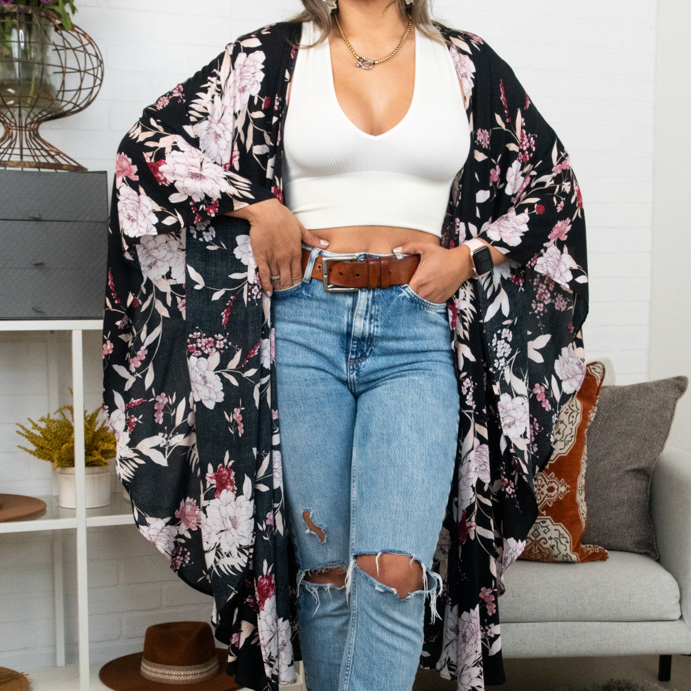 Floral Butterfly Sleeve Kimono