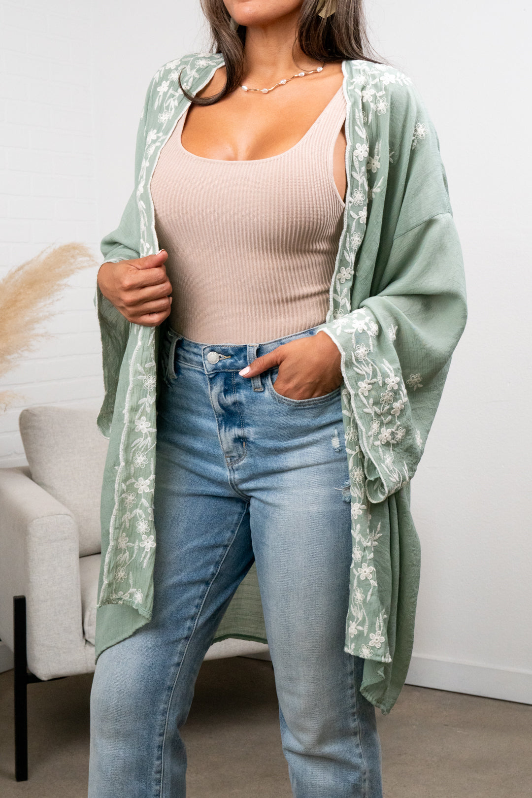 Denise Floral Embroidered Lightweight Kimono Cardigan