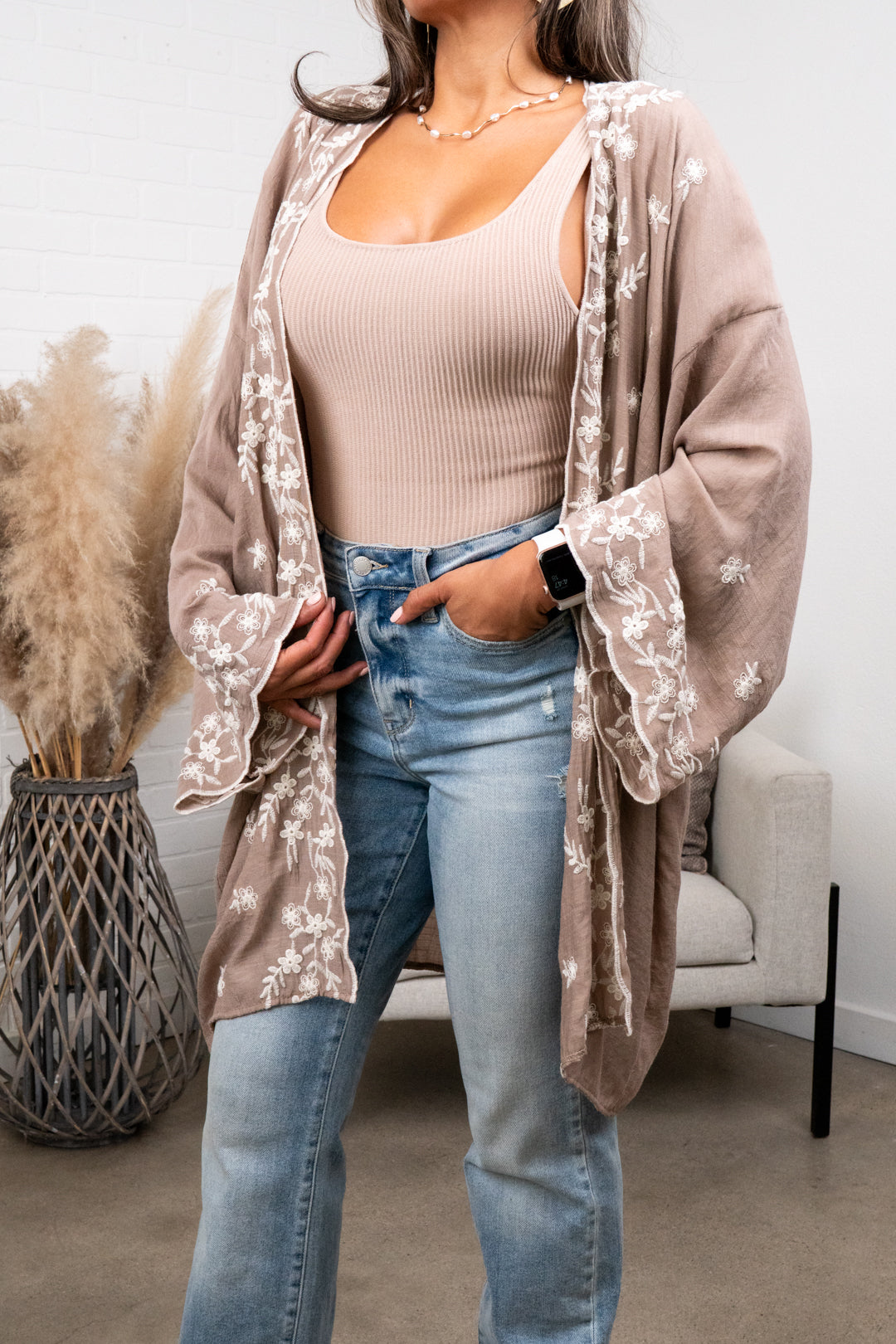 Denise Floral Embroidered Lightweight Kimono Cardigan