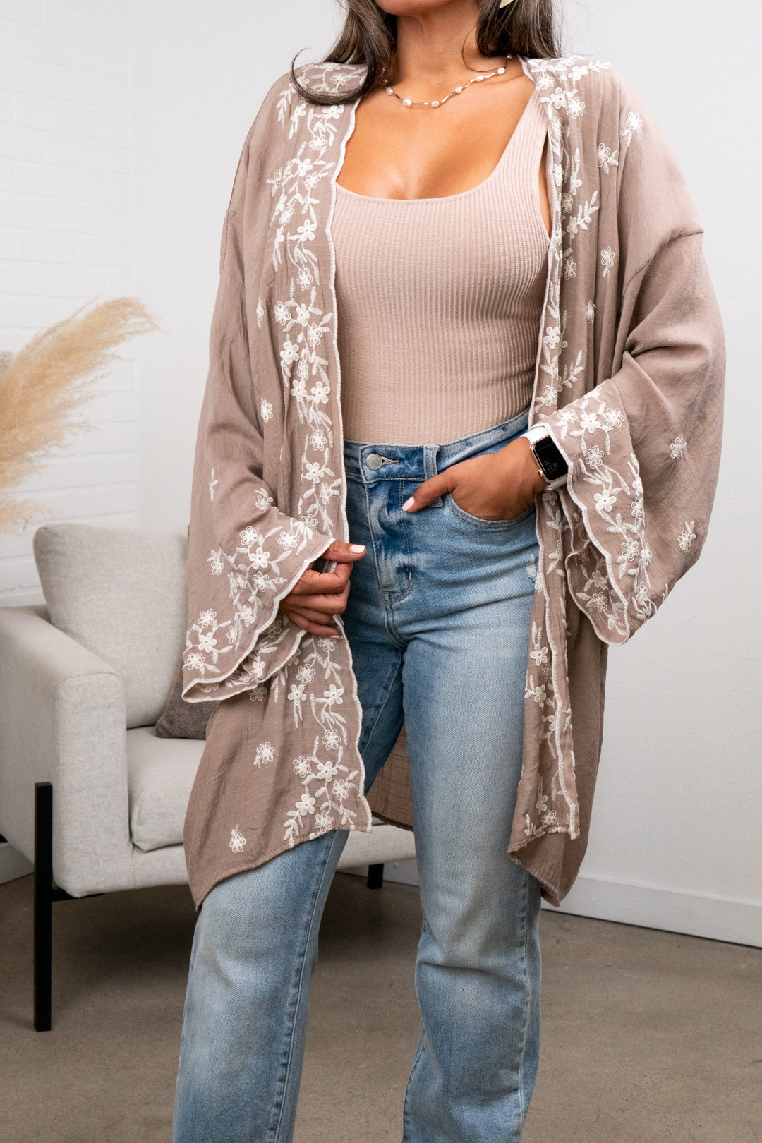 Denise Floral Embroidered Lightweight Kimono Cardigan