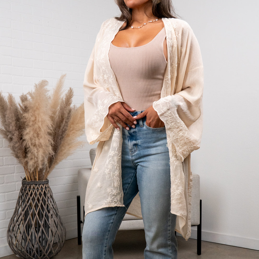 Denise Floral Embroidered Lightweight Kimono Cardigan