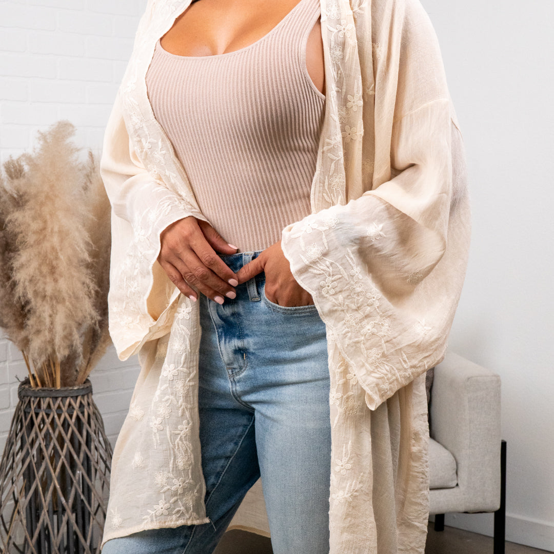 Denise Floral Embroidered Lightweight Kimono Cardigan