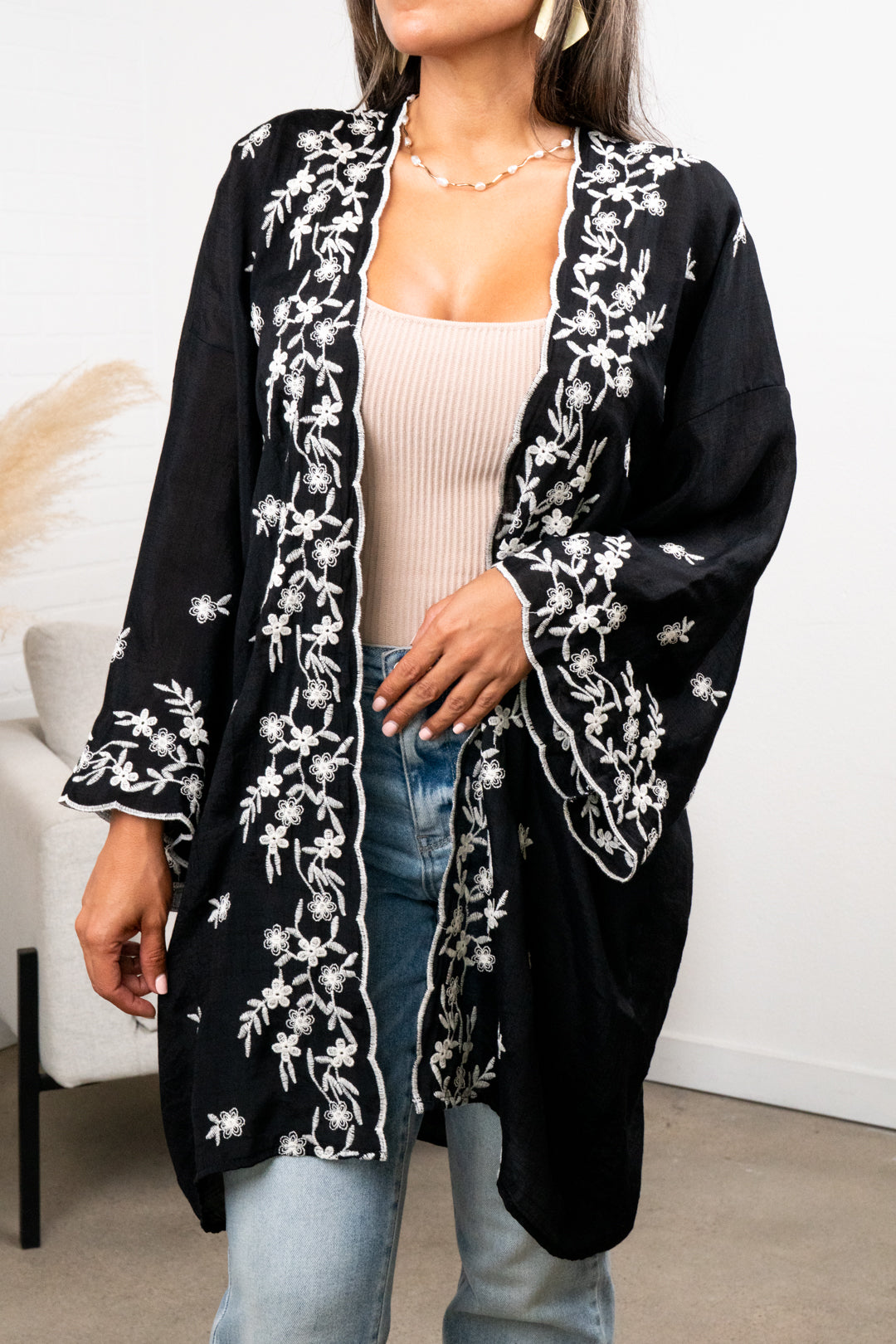 Denise Floral Embroidered Lightweight Kimono Cardigan
