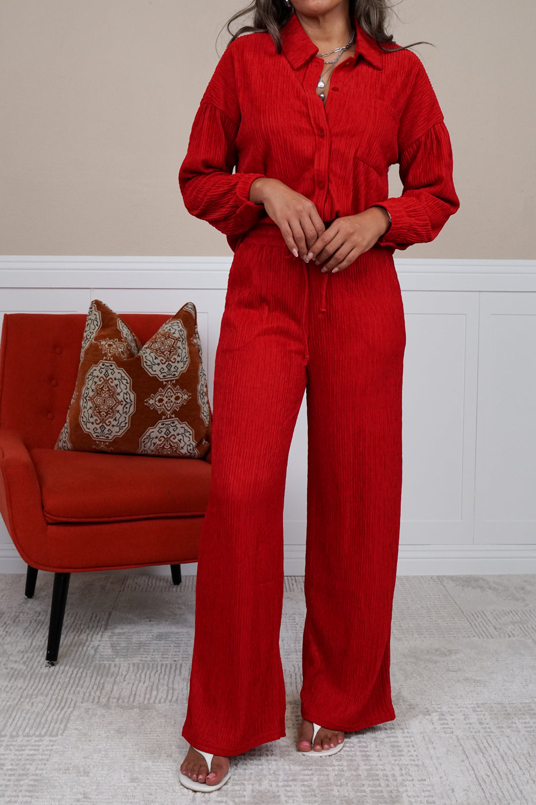 Amanda Crinkled Plisse Button Down Shirt Loungewear Set