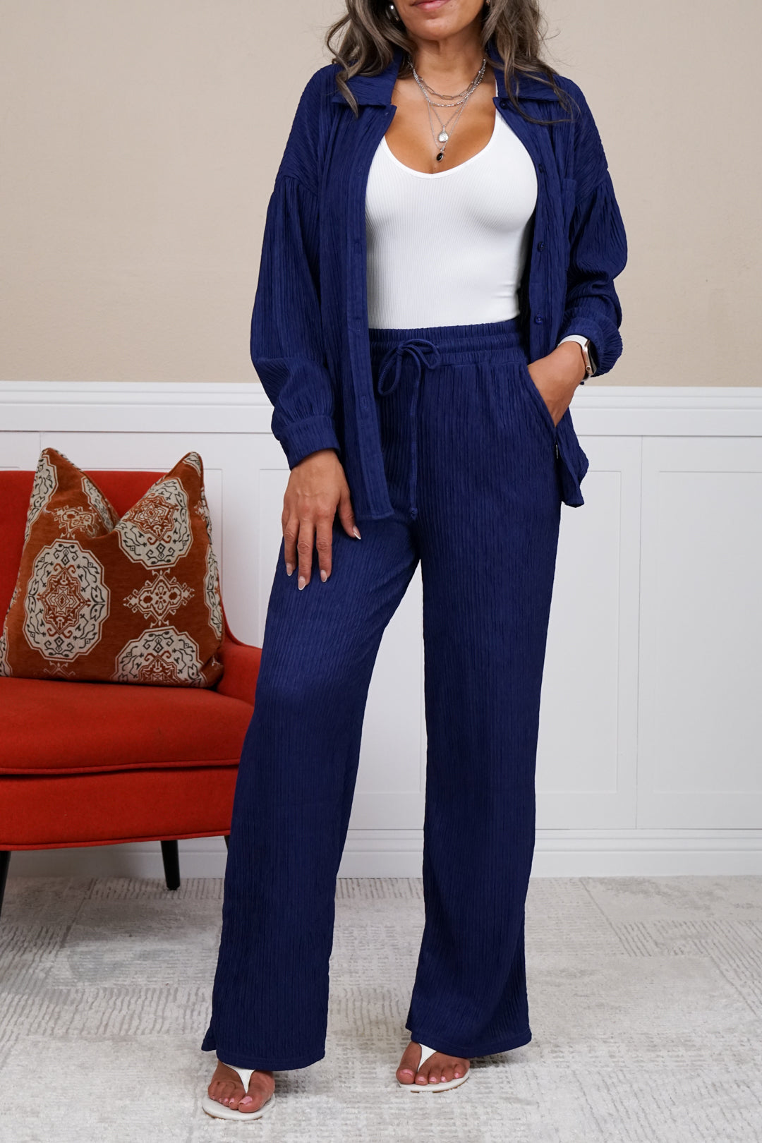 Amanda Crinkled Plisse Button Down Shirt Loungewear Set
