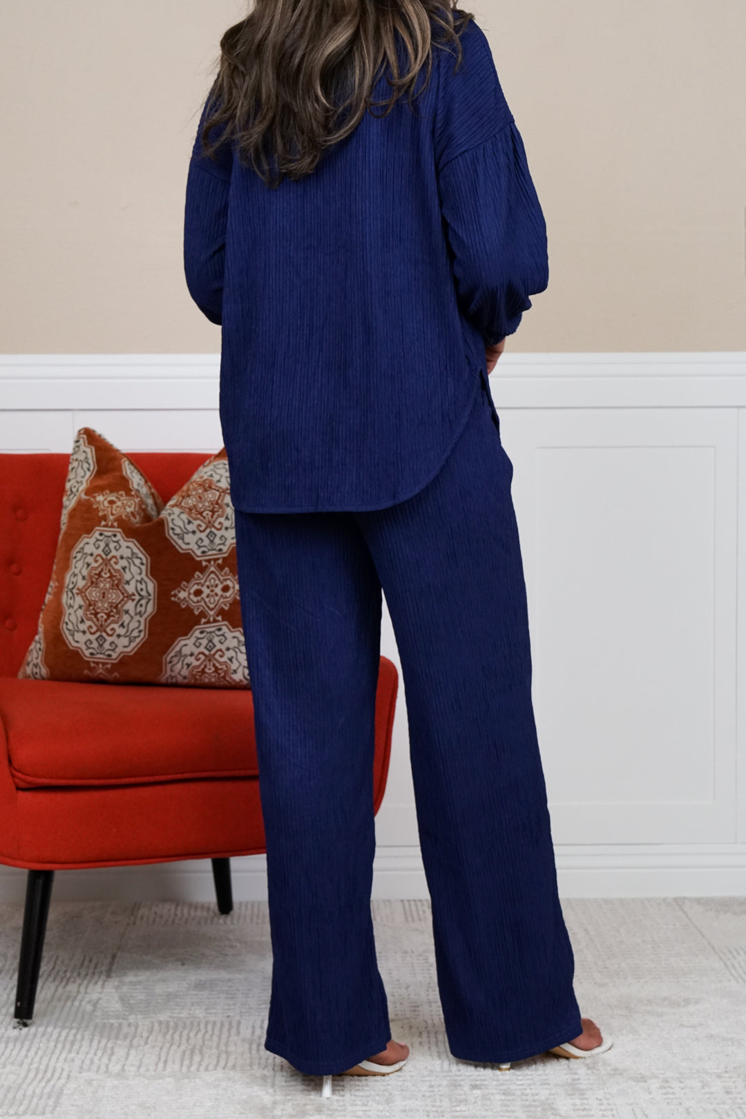 Amanda Crinkled Plisse Button Down Shirt Loungewear Set