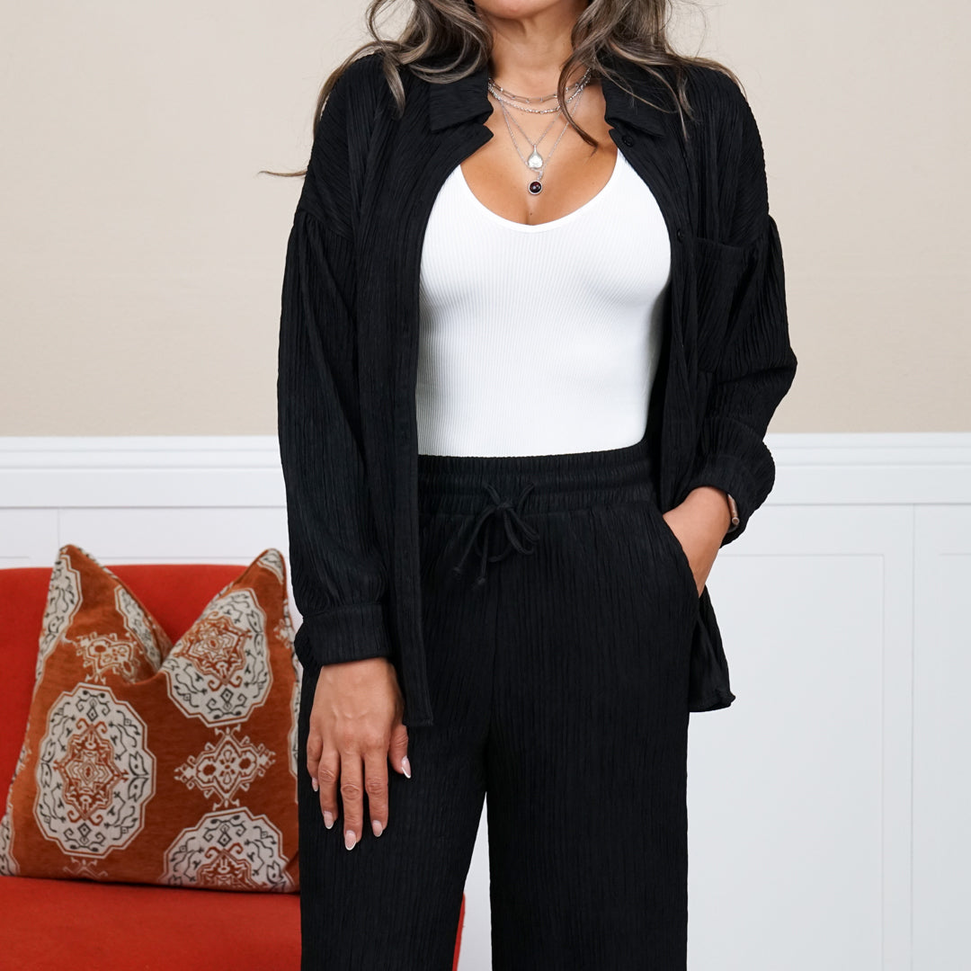 Amanda Crinkled Plisse Button Down Shirt Loungewear Set