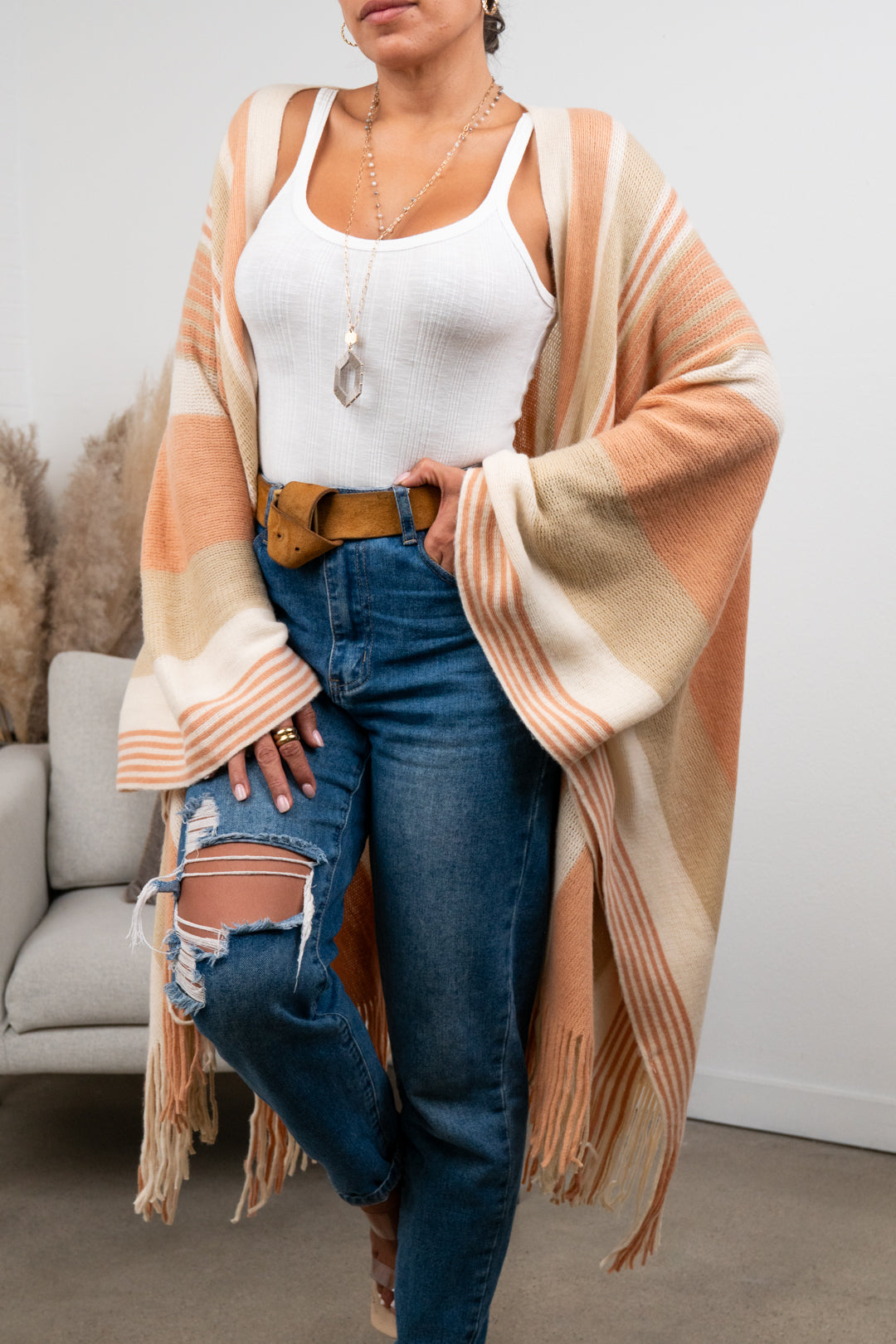 Brianna Striped Frayed Edge Ruana