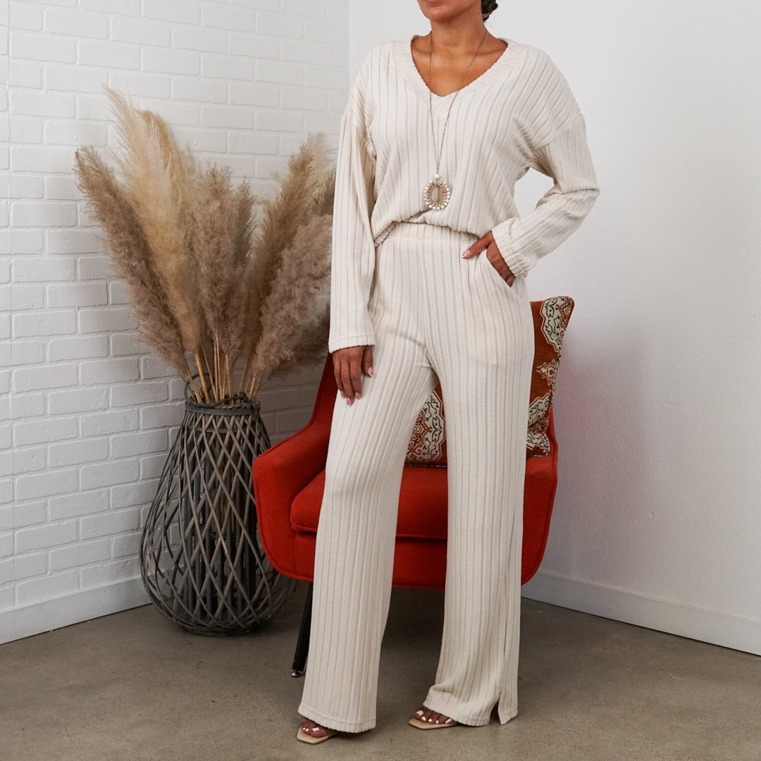 Alice Ribbed Knit Sweater V Neck Loungewear 2 Piece Set