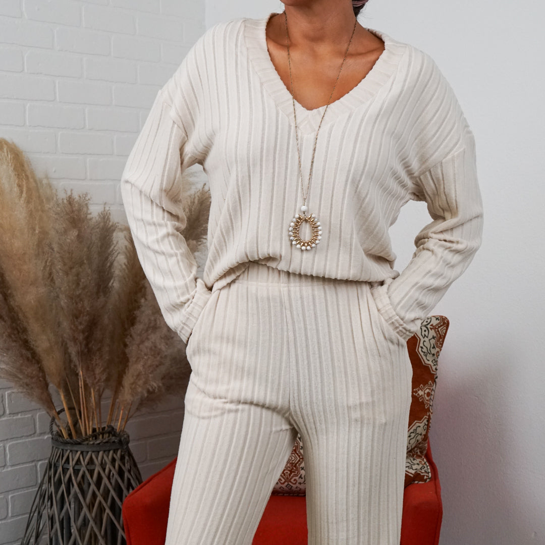 Alice Ribbed Knit Sweater V Neck Loungewear 2 Piece Set