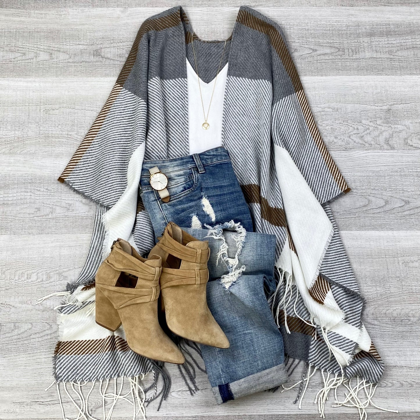 Woven Flannel Tassel Ruana | Grey