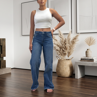 Ashlee Mid/High Rise Straight-Leg Stretch Jeans in Dark Wash