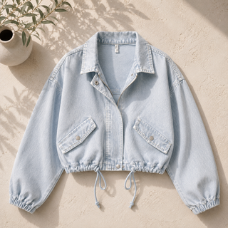Valentina Oversized Cropped Denim Bomber Jacket / Cinch-Waist Denim