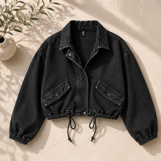 Valentina Oversized Cropped Denim Bomber Jacket / Cinch-Waist Denim