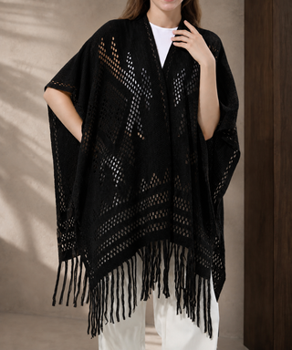 Lia Knit Tassel Poncho Open Front Fringe Knitted Shawl Wrap