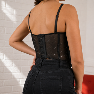Lorena Lace Corset Top with adjustable straps and bra cups.