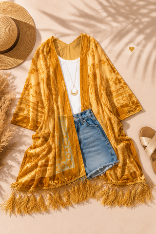 Regina Velvet Mesh Boho Kimono Beach Cover Up – Mid weight Duster Cardigan for Women