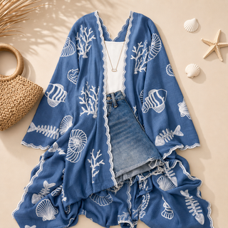 Vallarta Seashell Embroidered Kimono Beach Cover Up