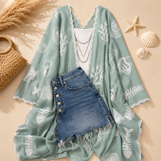 Vallarta Seashell Embroidered Kimono Beach Cover Up
