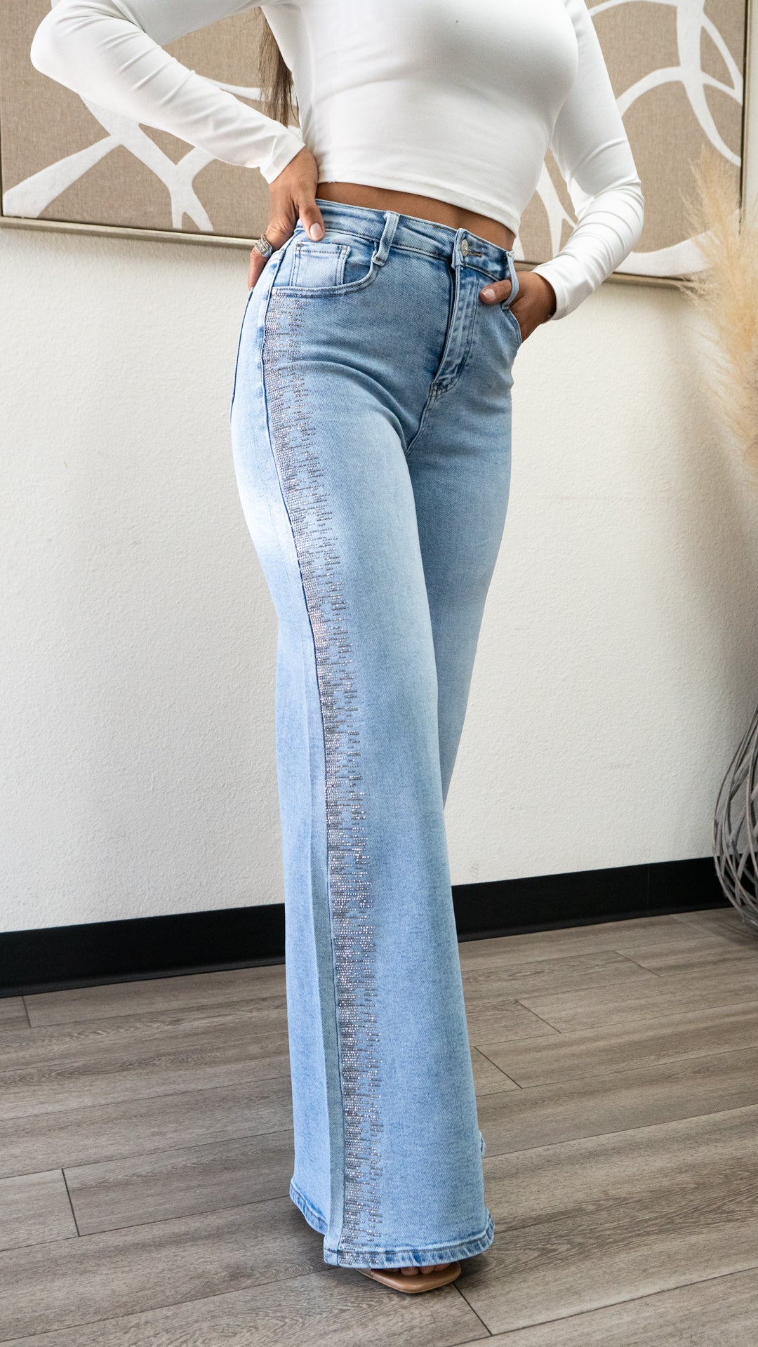 Holly Rhinestone  Wide leg JEANS – Sparkly High Waisted Denim "32 inseam