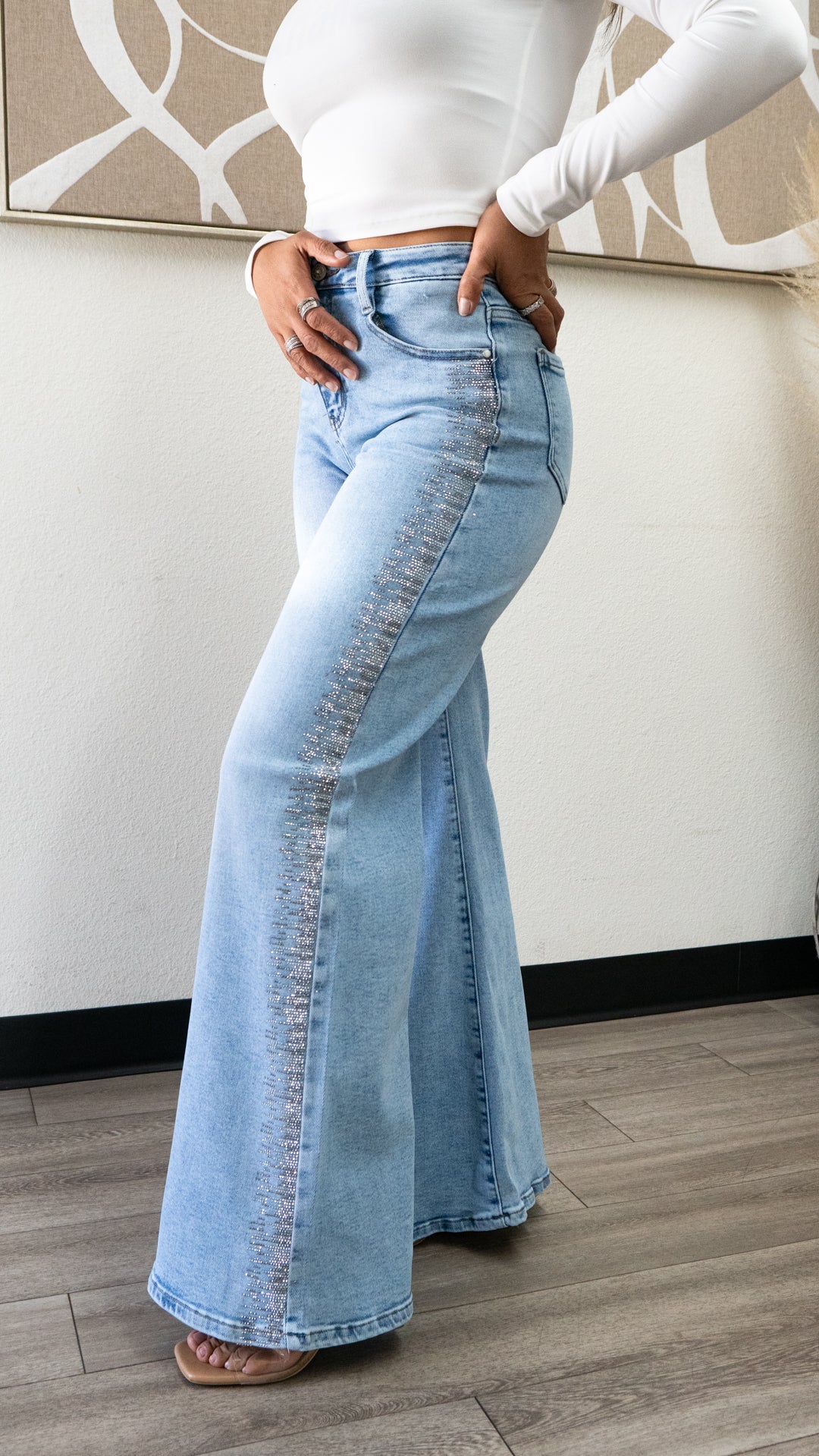 Holly Rhinestone  Wide leg JEANS – Sparkly High Waisted Denim "32 inseam