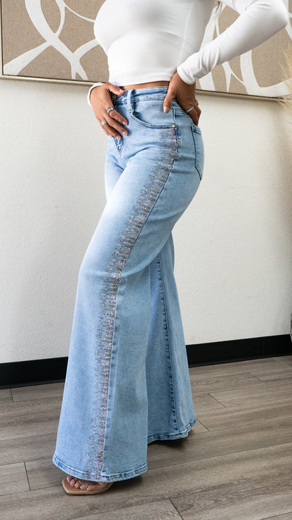 Holly Rhinestone  Wide leg JEANS – Sparkly High Waisted Denim "32 inseam
