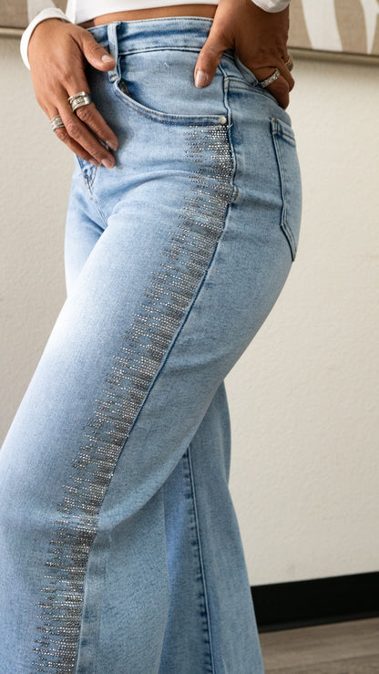 Holly Rhinestone  Wide leg JEANS – Sparkly High Waisted Denim "32 inseam