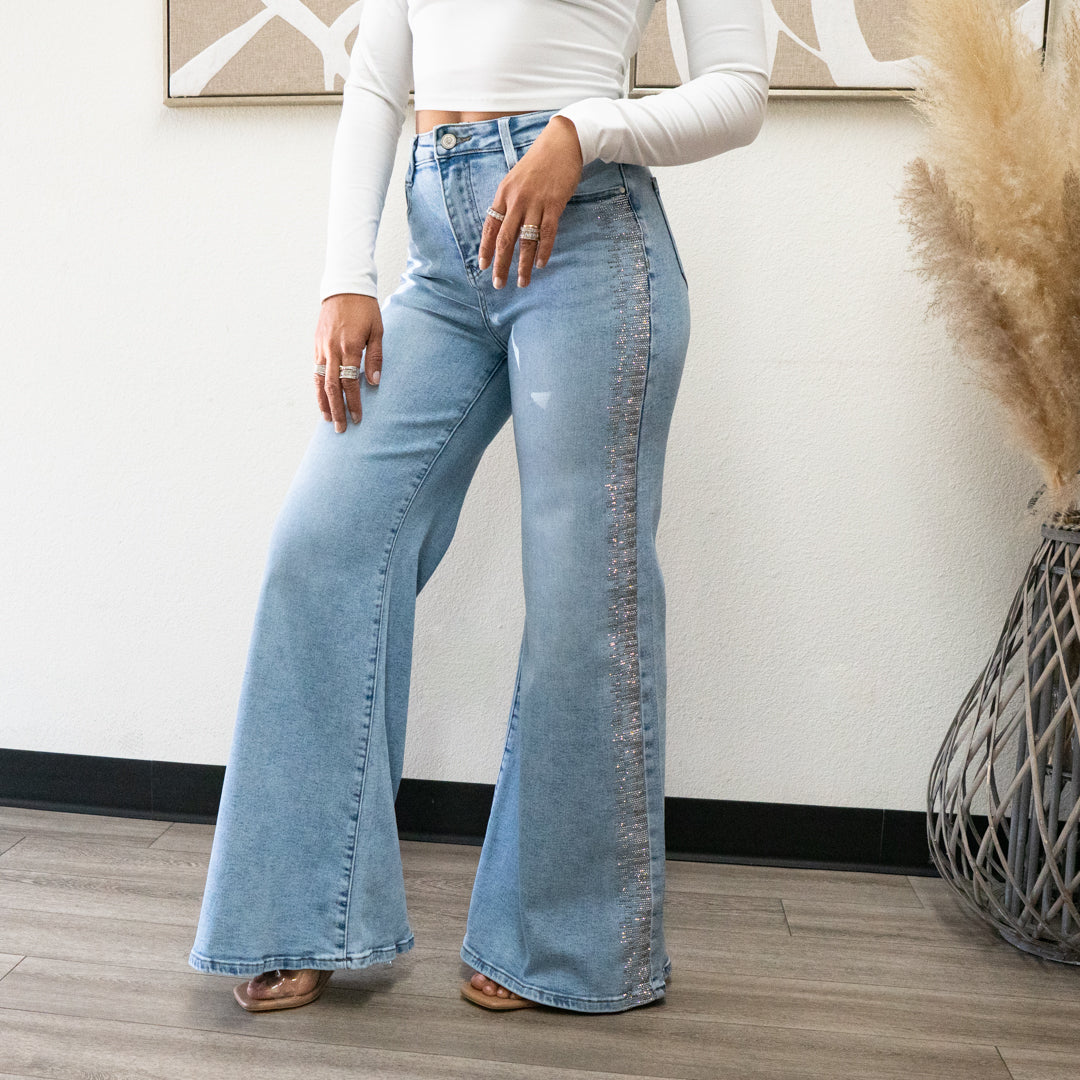 Holly Rhinestone  Wide leg JEANS – Sparkly High Waisted Denim "32 inseam
