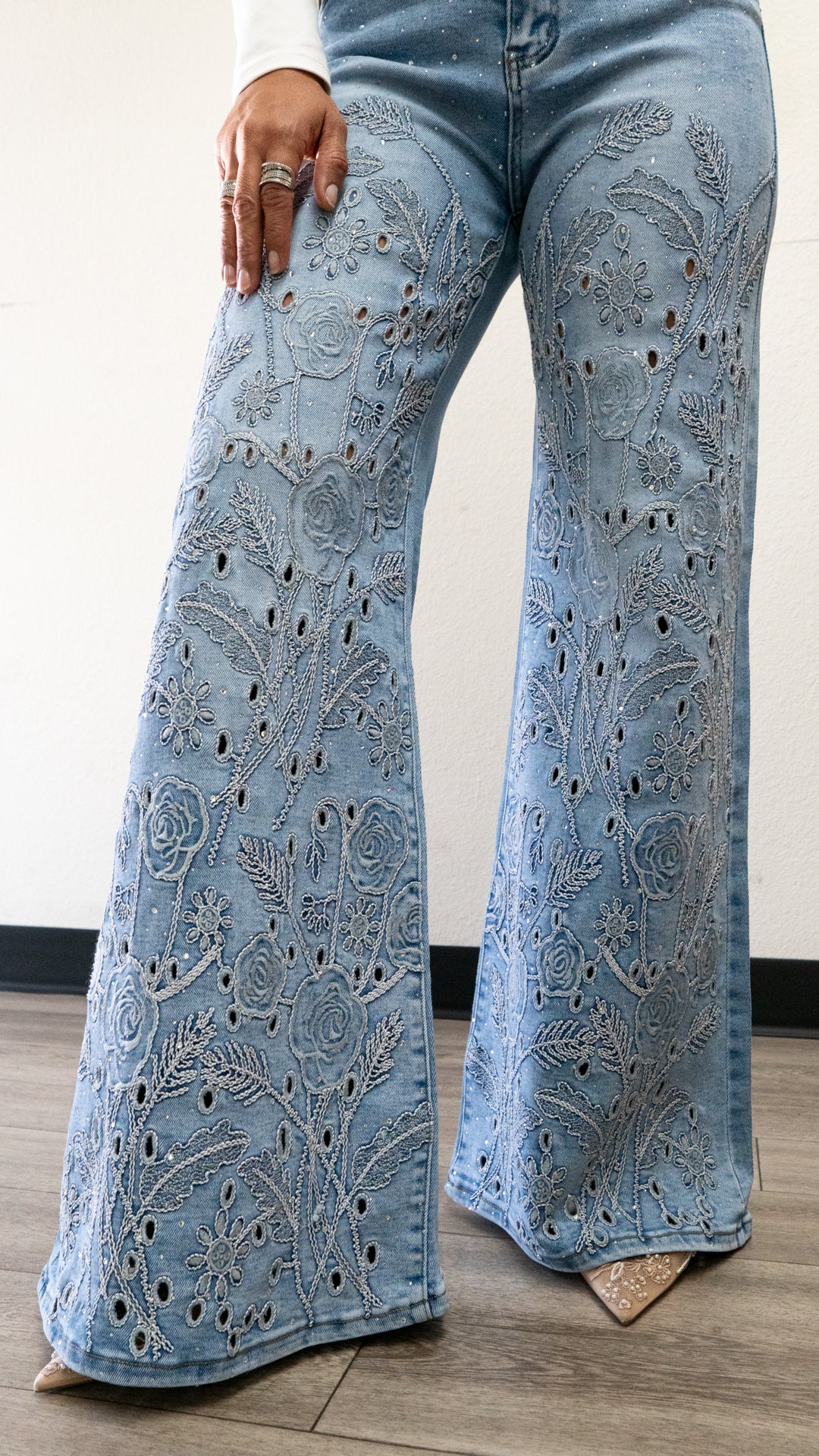 Valentina Embroidered Wide leg JEANS – Sparkly High Waisted Denim "32 inseam